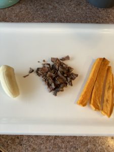 Banana, Stewed Beef and Sweet Potato Spears